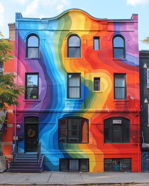 Foto un mural de colores arco iris pintado en el papel tapiz lateral