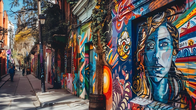 Un mural colorido de la cara de una mujer adorna una pared en una ciudad