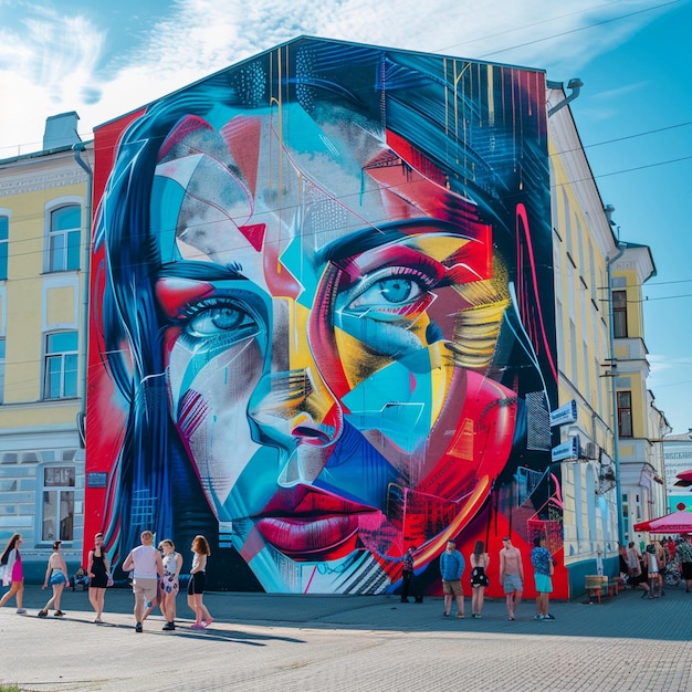 Mural colorido de la cara de una mujer en la pared del edificio