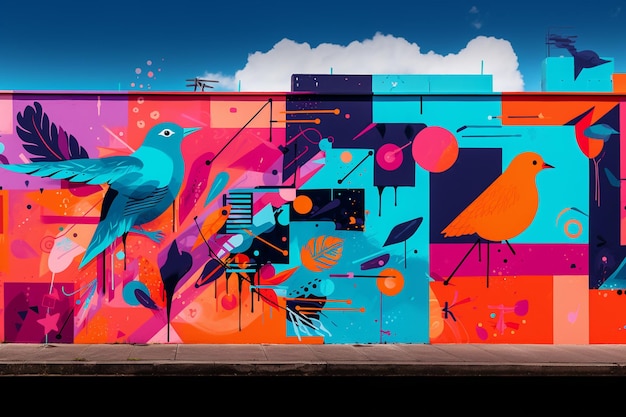 Foto mural colorido de pássaros e formas geométricas em um edifício com ia generativa