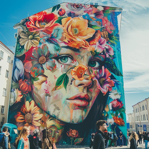 Mural colorido de rosto de mulher cercado de flores na Rua Tallinn