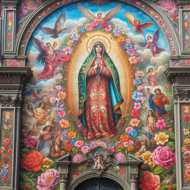 un mural colorido de una mujer con flores y una cruz