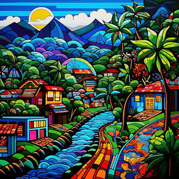 un mural colorido de un pueblo con una casa azul y una montaña en el fondo