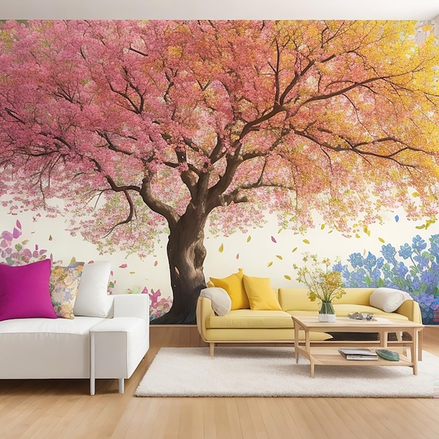 Mural de flor de uma árvore com folhas Com mobiliário de sala de estar Design de interiores gerado por IA