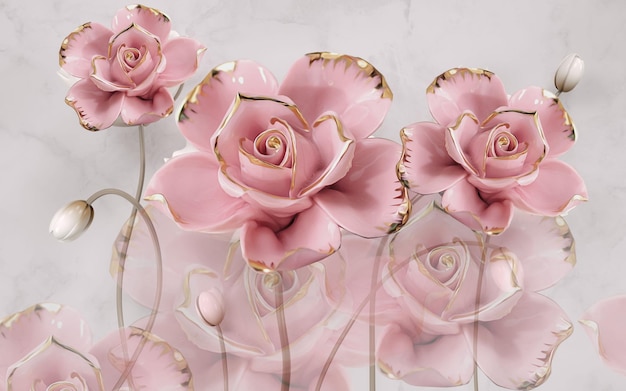 Mural de parede rosas modernas flutuantes ilustração 3d