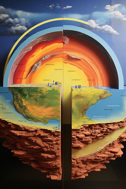 Foto mural digital vibrante que muestra una sección transversal de la tierra desde el núcleo hasta la atmósfera