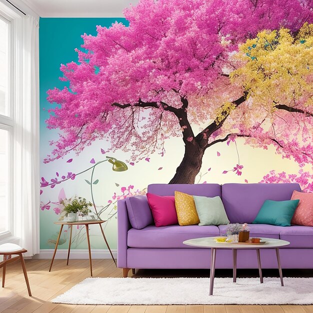 Mural floral de uma árvore com folhas com móveis de sala de estar Design de interiores gerado por IA