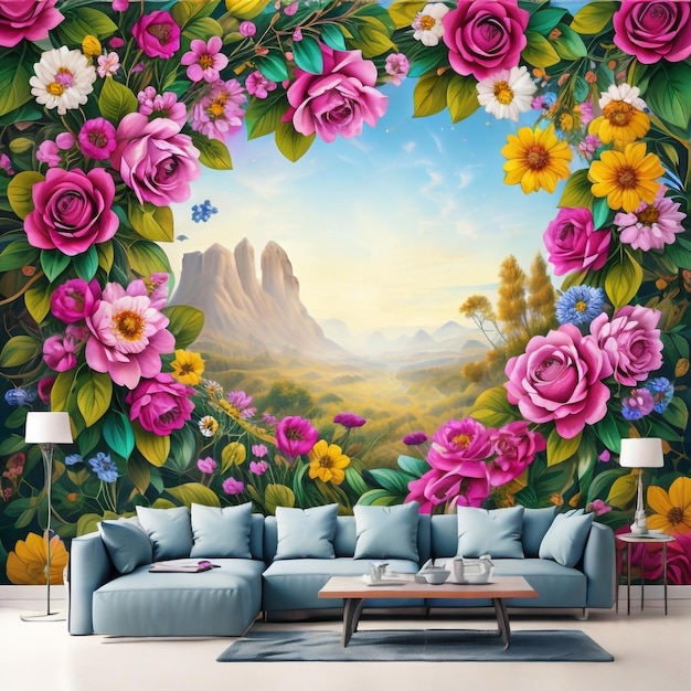 Un mural de flores y montañas con un cielo azul de fondo.