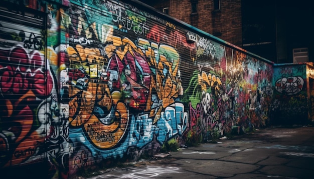 Un mural de graffiti abstracto ilumina una calle oscura de la ciudad con un caos multicolor generado por IA