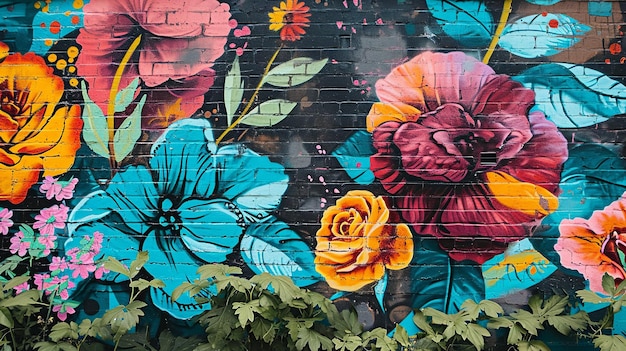 Mural de graffiti en el jardín de flores en flor