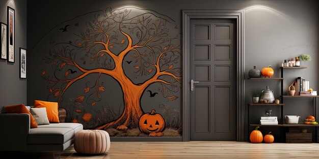 Foto un mural de halloween con un árbol y calabazas en la pared