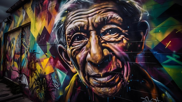 Un mural de un hombre con la cara negra y un fondo colorido.