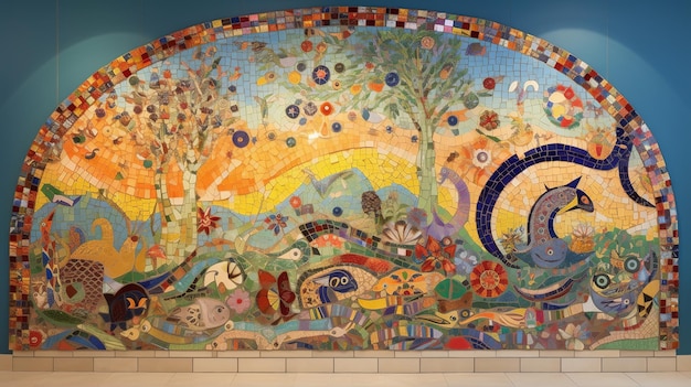 Un mural de mosaico de un árbol con un arco iris y las palabras la palabra en él