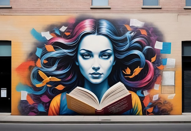 un mural de una mujer con cabello azul y rosa leyendo un libro en una pared