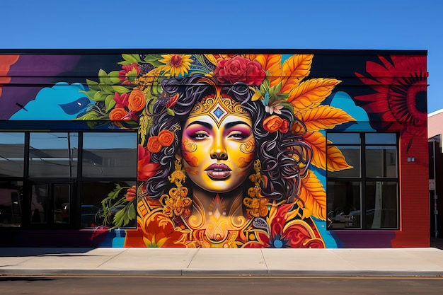 un mural de una mujer con flores en el rostro está pintado en colores brillantes.