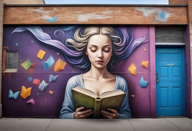 un mural de una mujer leyendo un libro en la pared