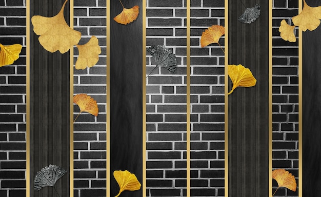 Mural de papel tapiz de arte negro 3d. líneas doradas, madera negra y hojas doradas de ginko. decoración de paredes interiores