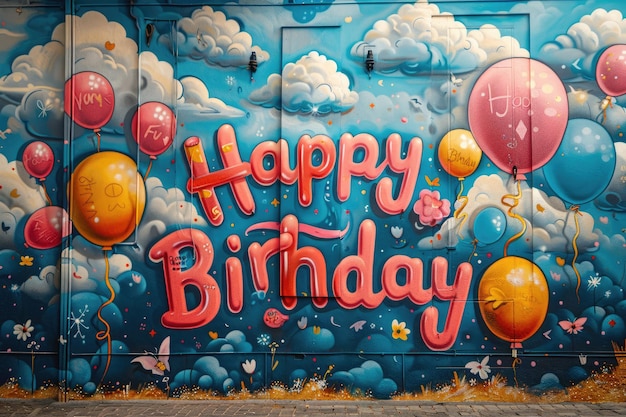 Mural de pared con diseño floral de feliz cumpleaños