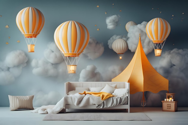 un mural de pared de dormitorio con un globo aerostático flotante surrealista