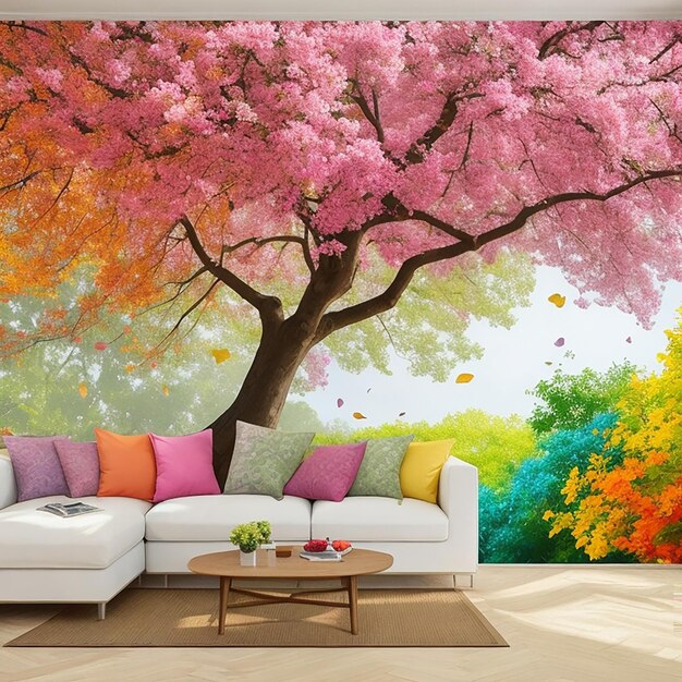 Mural de pared de flores de un árbol con hojas Con muebles de sala de estar Diseño interior generado por IA