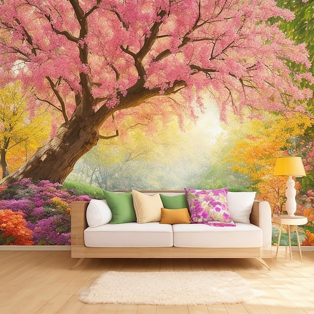 Mural de pared de flores de un árbol con hojas Con muebles de sala de estar Diseño interior generado por IA