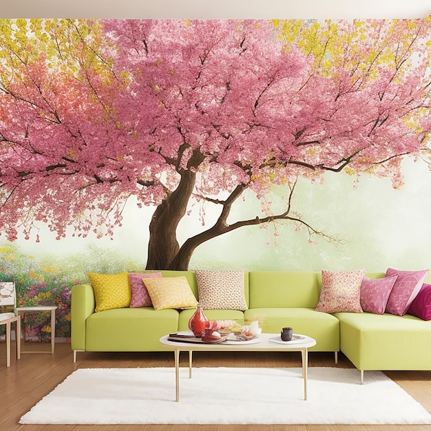 Mural de pared de flores de un árbol con hojas Con muebles de sala de estar Diseño interior generado por IA