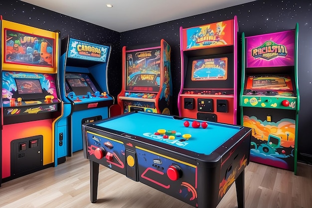 Mural de pared de juegos de arcade retro en un espacio de entretenimiento vibrante