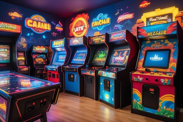 Mural de pared de juegos de arcade retro en un espacio de entretenimiento vibrante