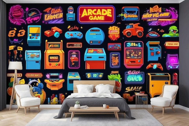 Mural de pared de juegos de arcade retro