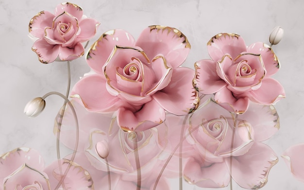 Mural de pared de rosas modernas flotantes de ilustración 3D
