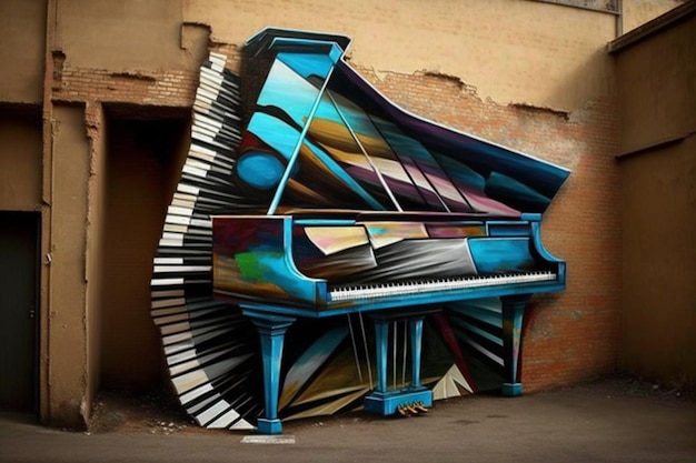 Un mural de un piano está pintado en una pared.