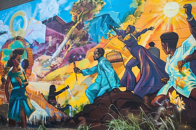 Mural pintado no edifício celebrando o décimo primeiro de junho com cores vibrantes e símbolos culturais