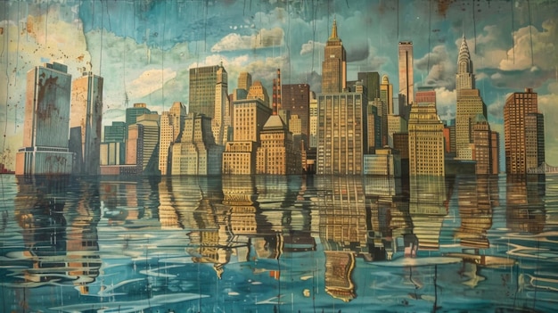 Un mural que representa un futuro distópico donde el mundo está completamente inundado con sólo las cimas de