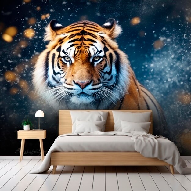 mural de un tigre detrás de una cama