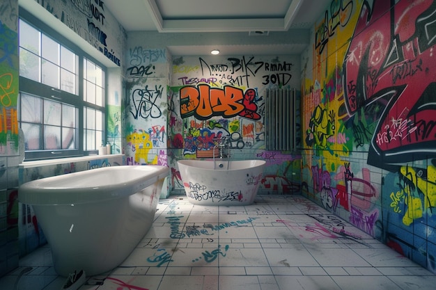 Murales artísticos de estilo graffiti en el baño