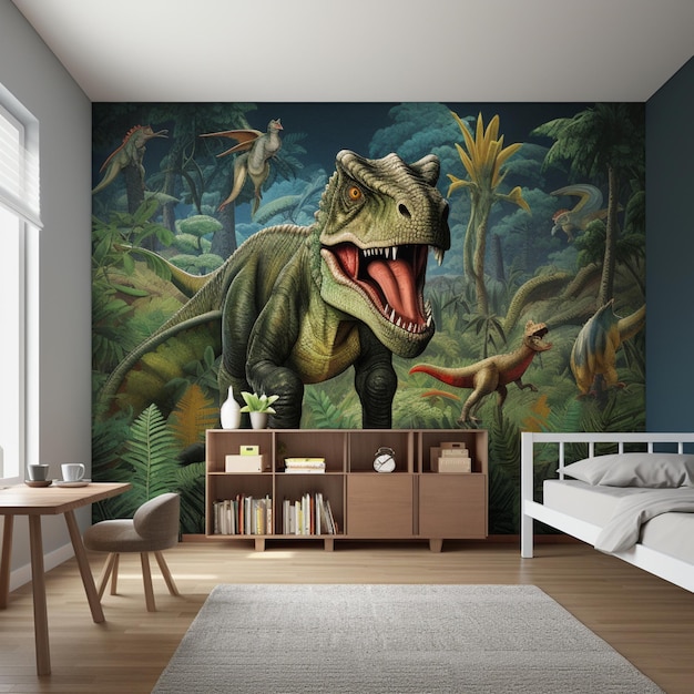 Murales de pared de dinosaurios con escena de habitación de lujo, papel  tapiz, arte generado por ia