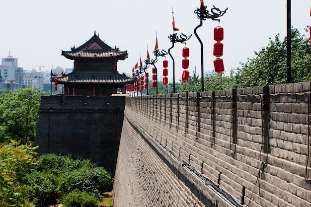 Muralha da cidade antiga de Xian com pagodes.