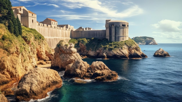 Las murallas de la ciudad medieval de Dubrovnik, Croacia, el mar Adriático, creadas con tecnología de IA generativa