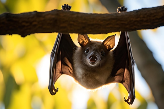 un murciélago colgado boca abajo de la rama de un árbol