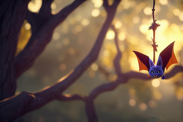 Murciélago colgando de una rama de árbol en follaje verde bajo los rayos de la luz del sol ilustración 3d