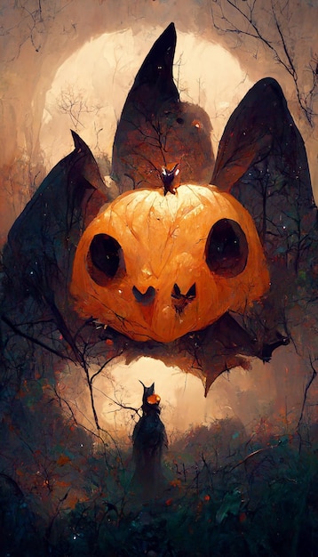 Murciélago fantasma de calabaza en el bosque Ilustración 3D