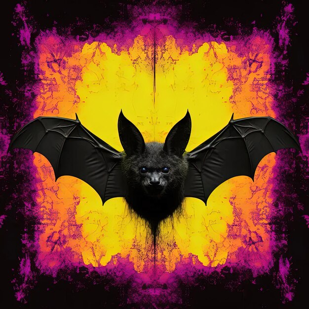 Un murciélago negro con manchas amarillas y rojas en sus alas