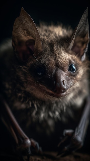 Un murciélago se sienta en una habitación oscura.