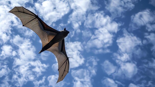 Foto un murciélago está volando en el cielo el murciénago es negro y tiene grandes alas el cielo es azul y tiene nubes blancas