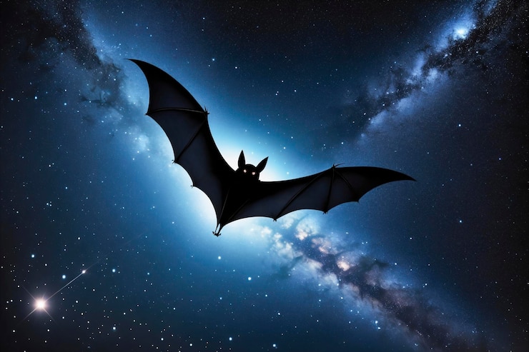 Un murciélago volando a través de la oscuridad del espacio iluminado por la luz de las estrellas lejanas