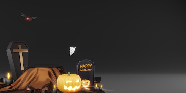 Foto murciélagos de ataúd de podio de fondo de halloween y calabazas ilustración 3d