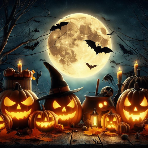 Los murciélagos de la calabaza de Halloween son un fondo de horror en la luna nocturna