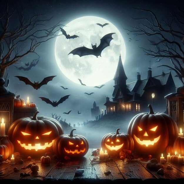 Los murciélagos de la calabaza de Halloween son un fondo de horror en la luna nocturna