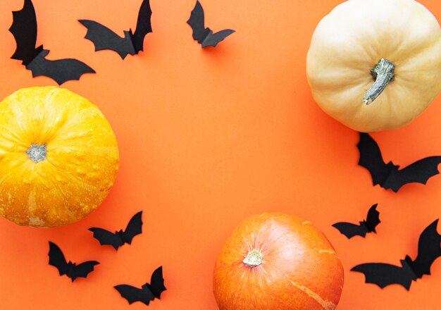 Murciélagos de Halloween y calabazas sobre fondo naranja