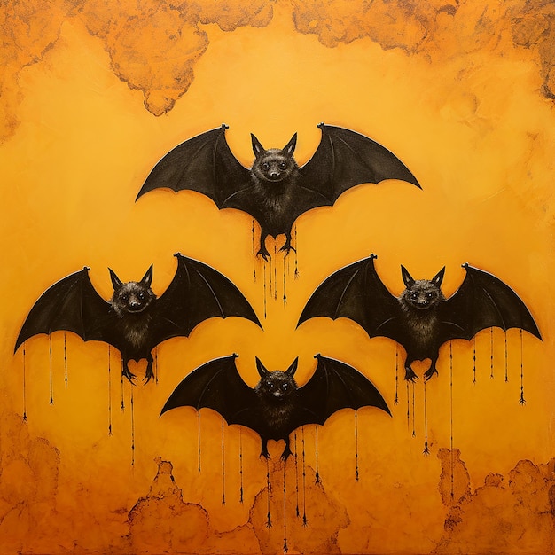 Foto murciélagos negros con fondo naranja
